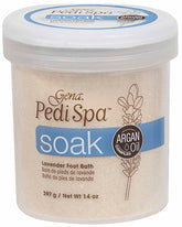 Partially top angle view of Gena Pedi Spa Soak capped flask with 14-ounce size with product details on its container